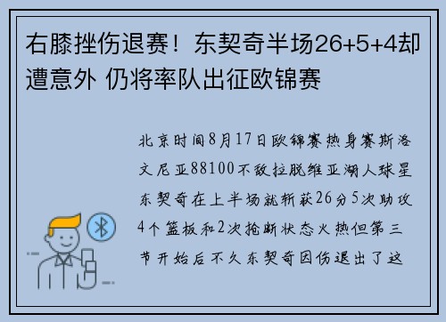 右膝挫伤退赛！东契奇半场26+5+4却遭意外 仍将率队出征欧锦赛